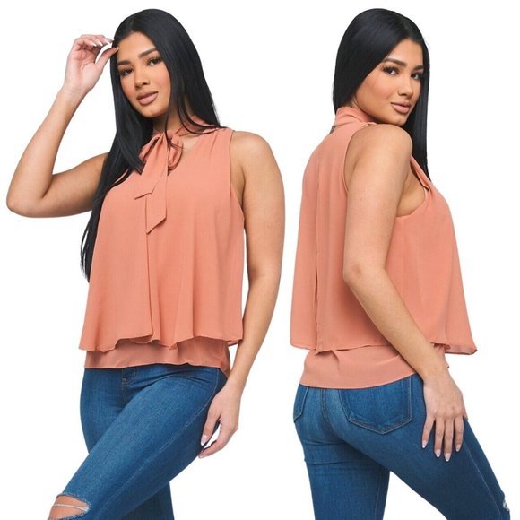 Tops - NWT Coral Pink Sleeveless Ruffle Blouse Shirt Top with Tie-Neck